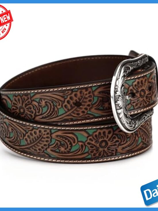 Genuine Leather Western Belt with Floral Overlay, Size Large main image 5